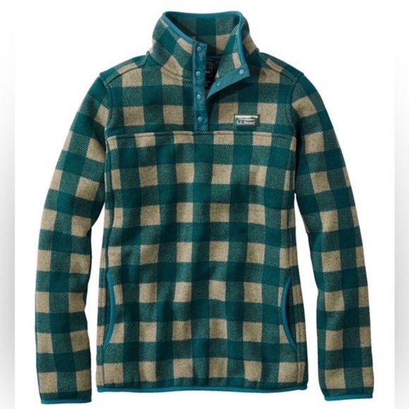 L.L. Bean Jackets & Blazers - L.L.Bean green tan Buffalo Check Sweater Fleece Pullover Snap Collar